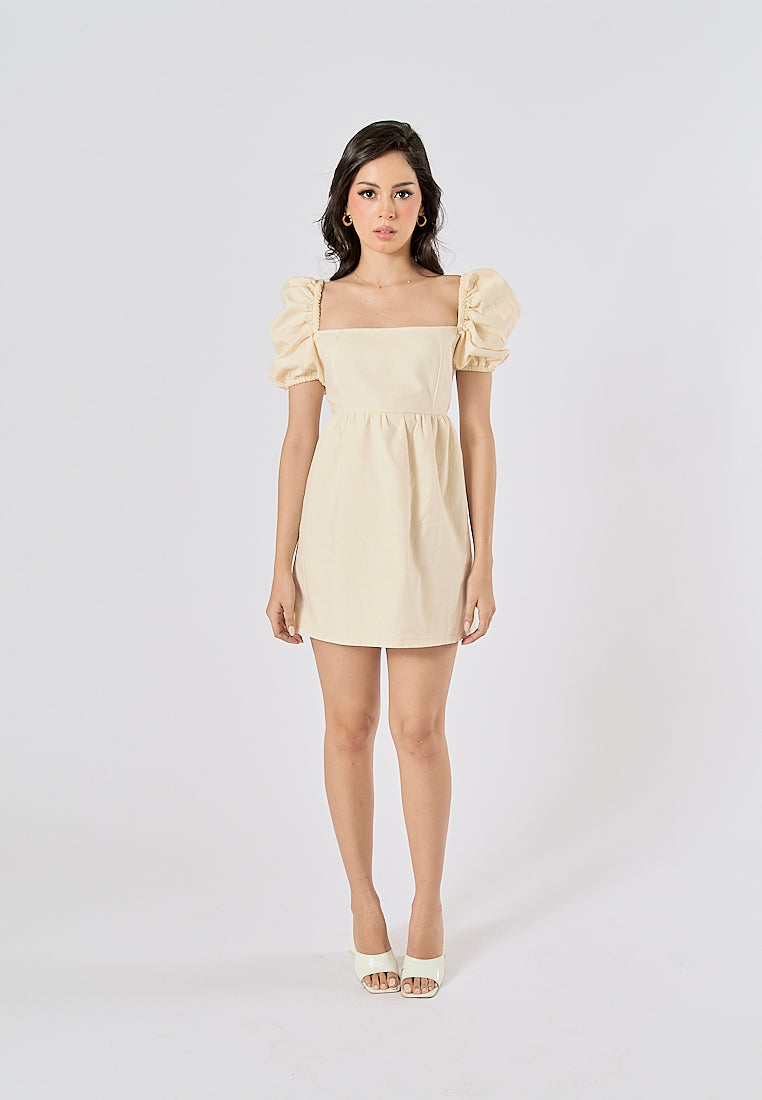 Araceli Beige Swiss Dot Puff Sleeves Mini Dress