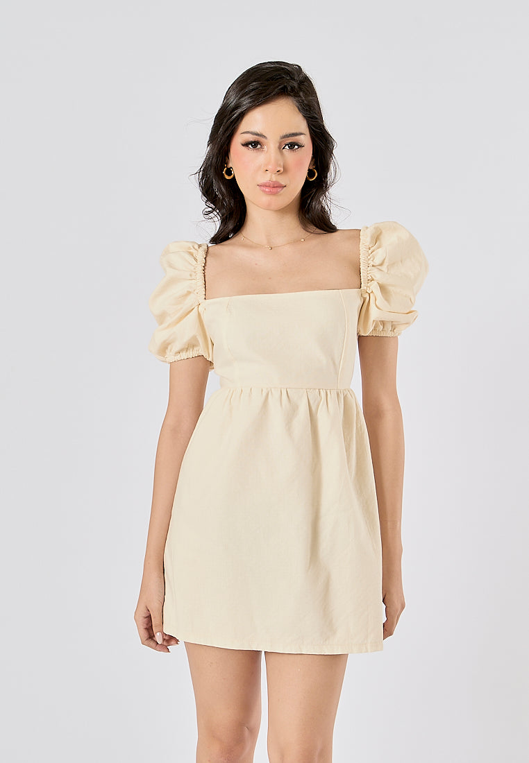 Araceli Beige Swiss Dot Puff Sleeves Mini Dress