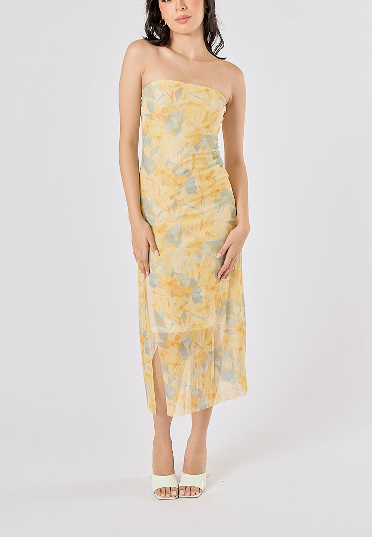 Dainty Multi Color Print Strapless Tube Midi Dress