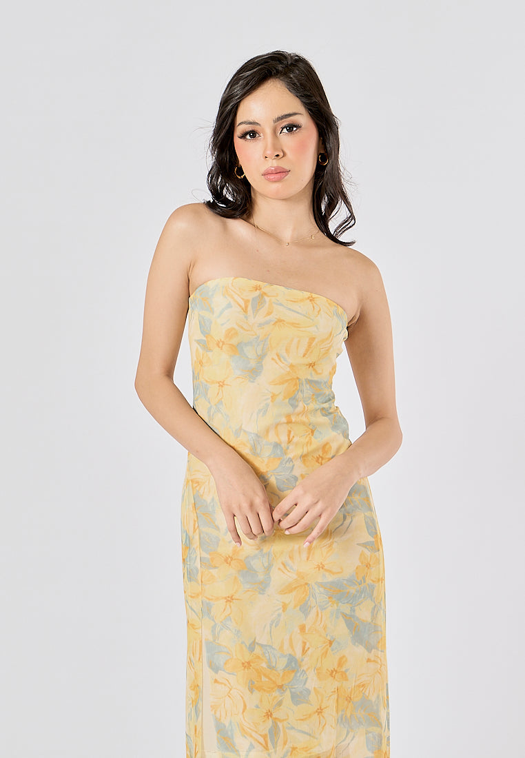 Dainty Multi Color Print Strapless Tube Midi Dress