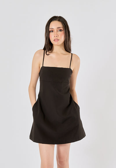 Atarah Black Spaghetti Strap Zipper Fly Side Pockets Mini Dress