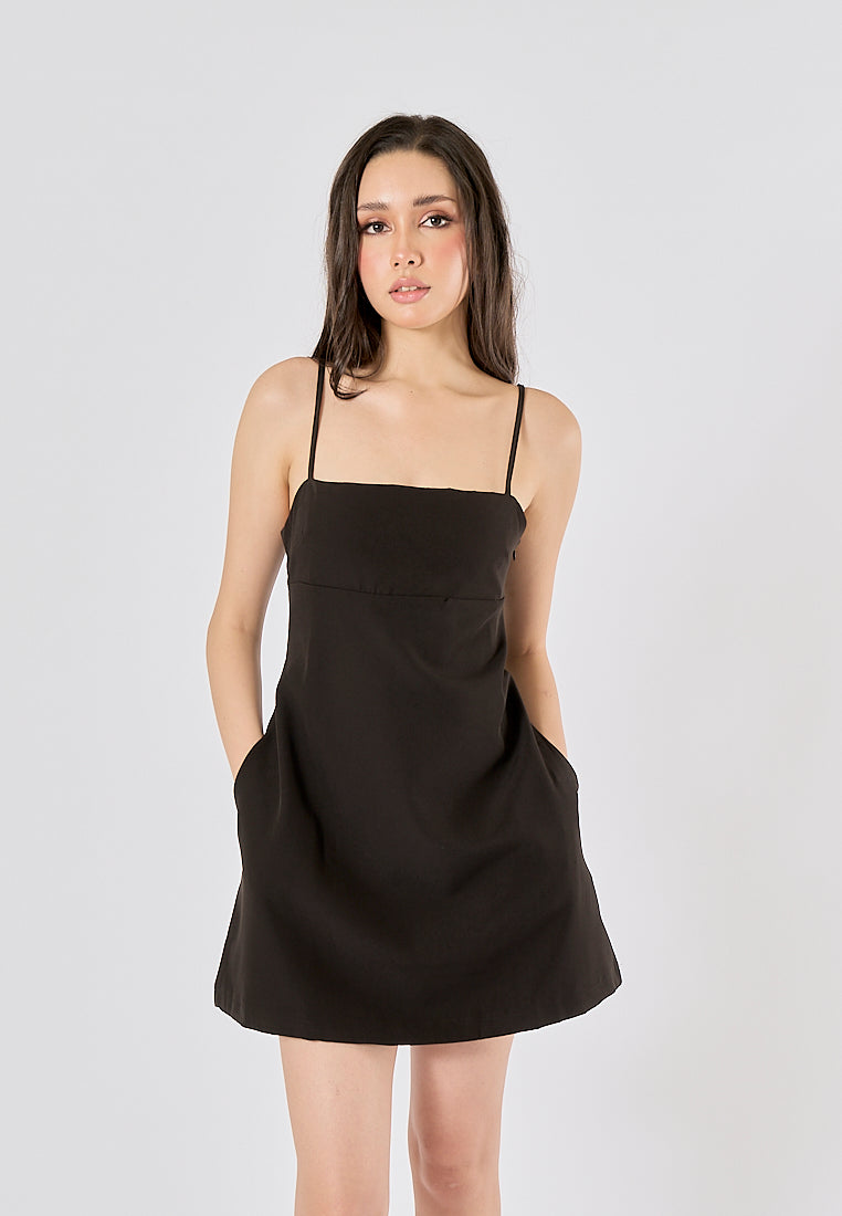 Atarah Black Spaghetti Strap Zipper Fly Side Pockets Mini Dress