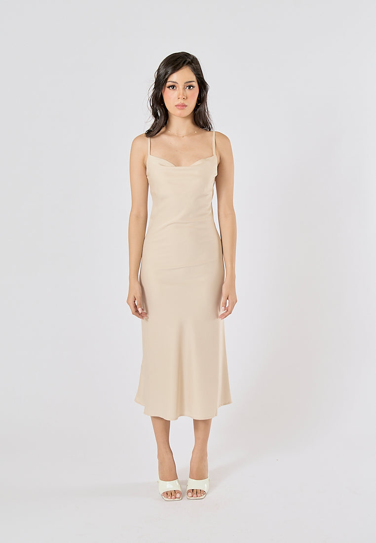 Kailani Beige Cowl Neck Sleeveless Adjustable Strap Slip Midi Dress