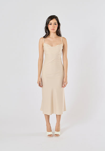 Kailani Beige Cowl Neck Sleeveless Adjustable Strap Slip Midi Dress