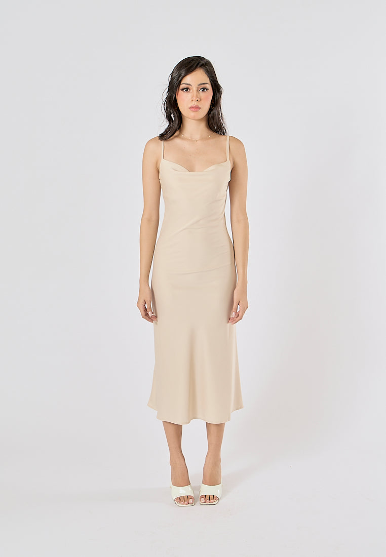 Kailani Beige Cowl Neck Sleeveless Adjustable Strap Slip Midi Dress