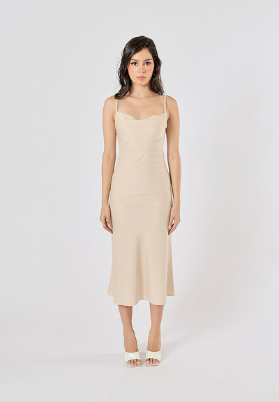 Kailani Beige Cowl Neck Sleeveless Adjustable Strap Slip Midi Dress