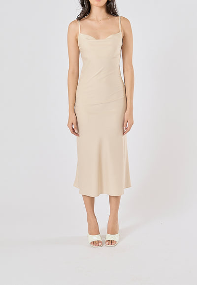 Kailani Beige Cowl Neck Sleeveless Adjustable Strap Slip Midi Dress