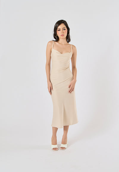 Kailani Beige Cowl Neck Sleeveless Adjustable Strap Slip Midi Dress