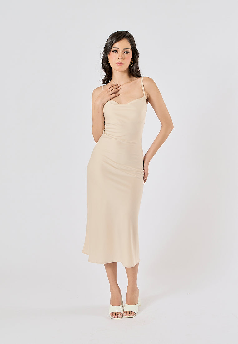 Kailani Beige Cowl Neck Sleeveless Adjustable Strap Slip Midi Dress