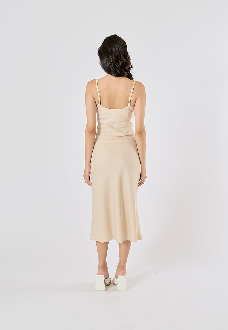 Kailani Beige Cowl Neck Sleeveless Adjustable Strap Slip Midi Dress