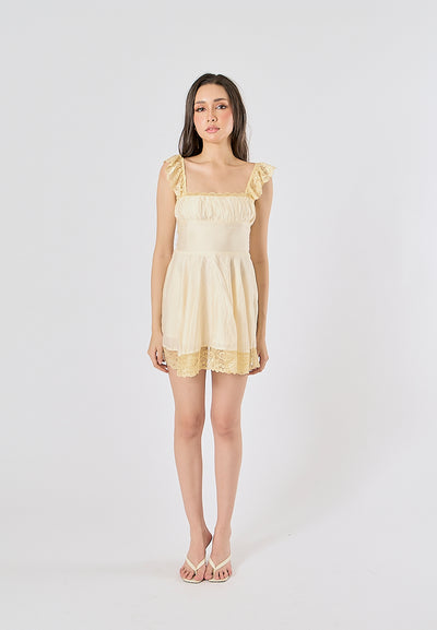 Jasper Light Yellow Square Neck Sleeveless Lace Mini Dress