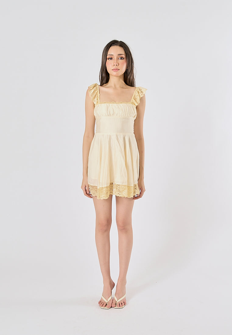 Jasper Light Yellow Square Neck Sleeveless Lace Mini Dress