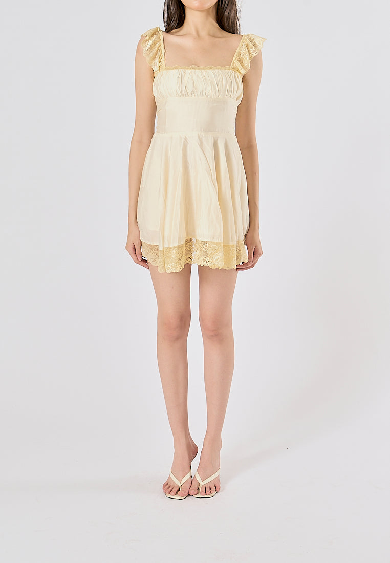 Jasper Light Yellow Square Neck Sleeveless Lace Mini Dress