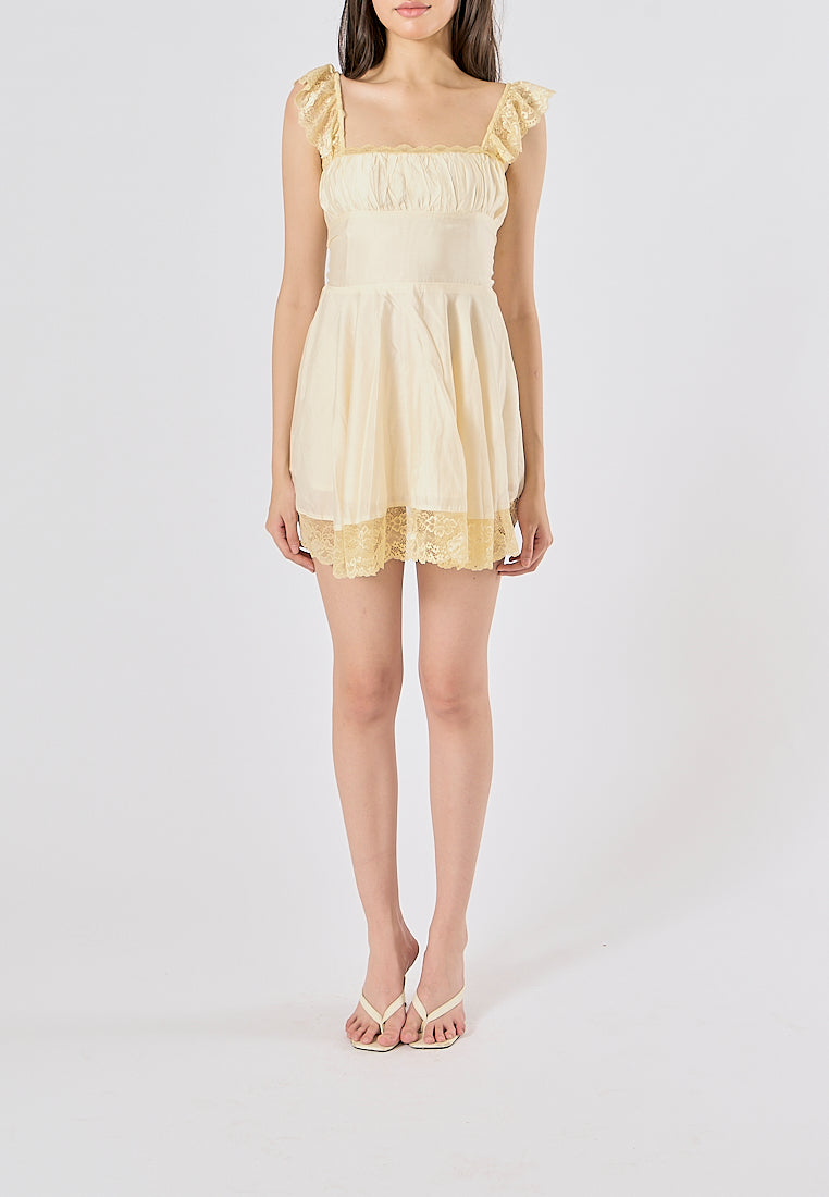 Jasper Light Yellow Square Neck Sleeveless Lace Mini Dress