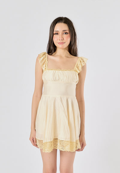 Jasper Light Yellow Square Neck Sleeveless Lace Mini Dress