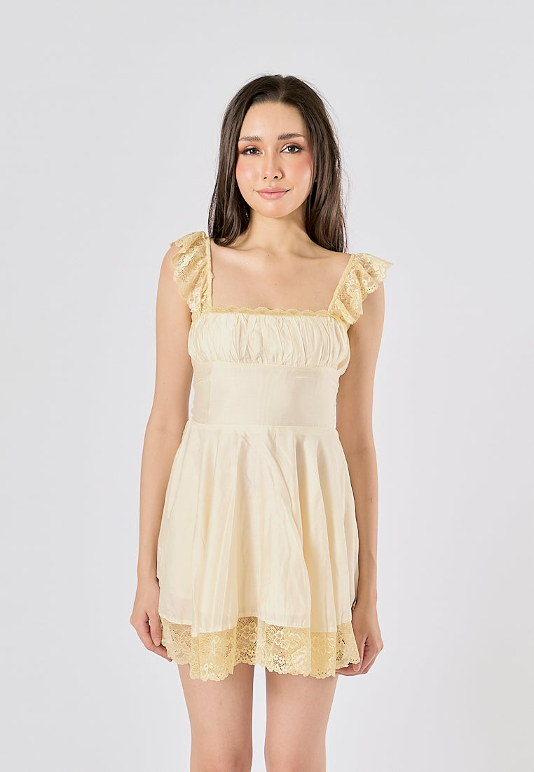 Jasper Light Yellow Square Neck Sleeveless Lace Mini Dress