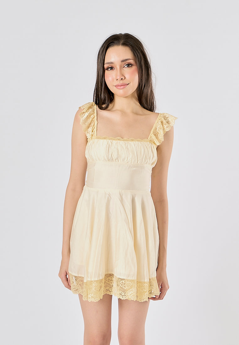 Jasper Light Yellow Square Neck Sleeveless Lace Mini Dress