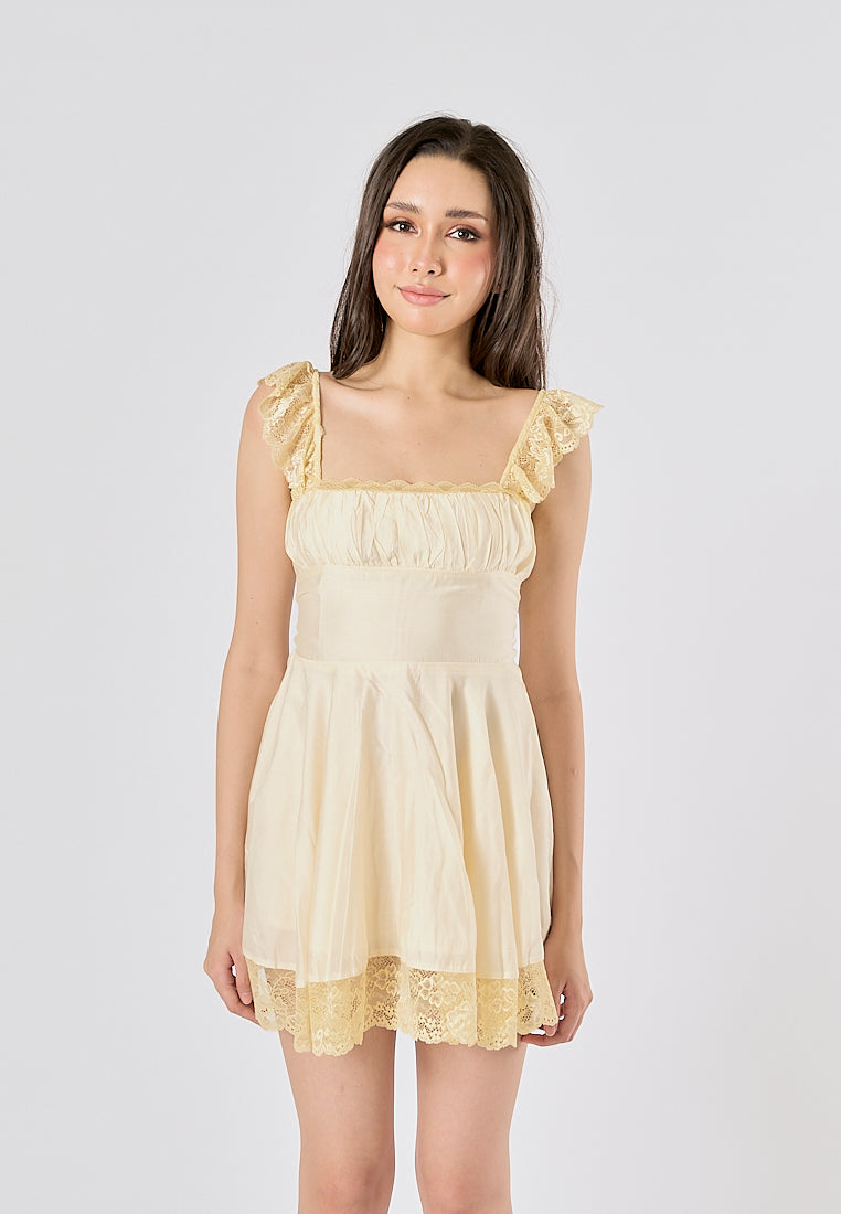 Jasper Light Yellow Square Neck Sleeveless Lace Mini Dress