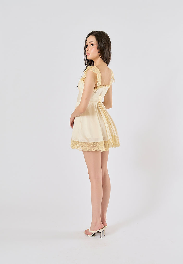 Jasper Light Yellow Square Neck Sleeveless Lace Mini Dress