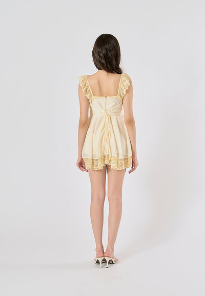 Jasper Light Yellow Square Neck Sleeveless Lace Mini Dress