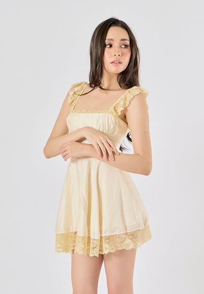 Jasper Light Yellow Square Neck Sleeveless Lace Mini Dress