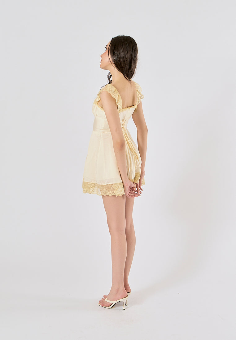 Jasper Light Yellow Square Neck Sleeveless Lace Mini Dress