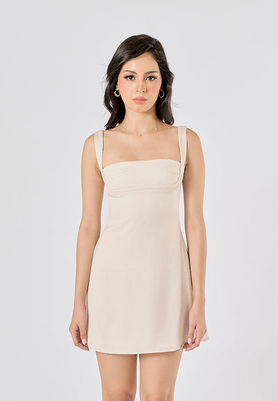 Nikkola Beige Square Neck Shoulder Strap Sleeveless Mini Dress