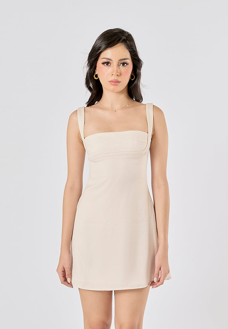 Nikkola Beige Square Neck Shoulder Strap Sleeveless Mini Dress