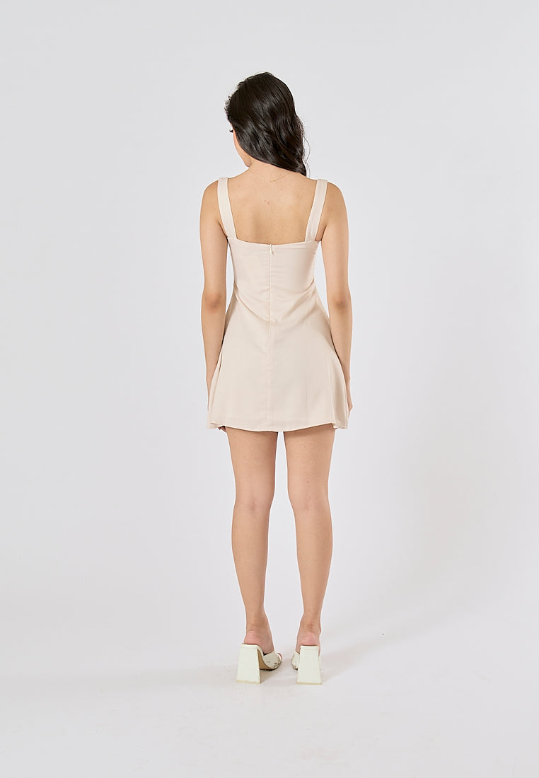 Nikkola Beige Square Neck Shoulder Strap Sleeveless Mini Dress