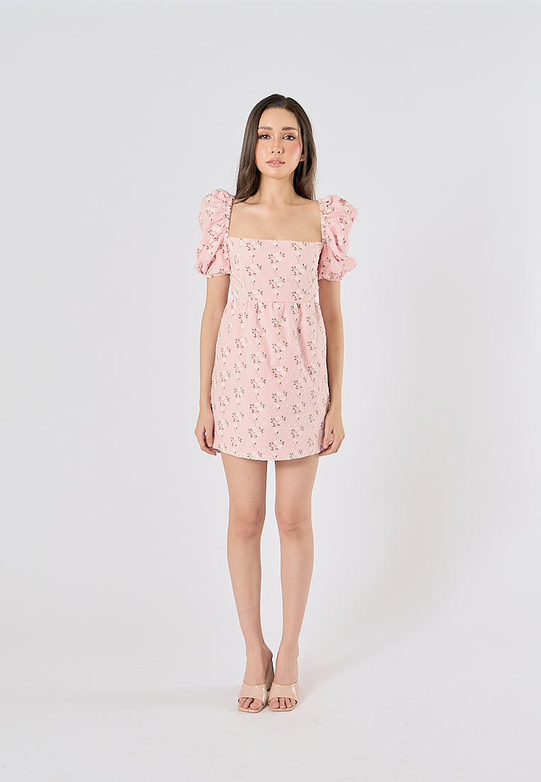 Araceli Pink Floral Print Puff Sleeves Mini Dress