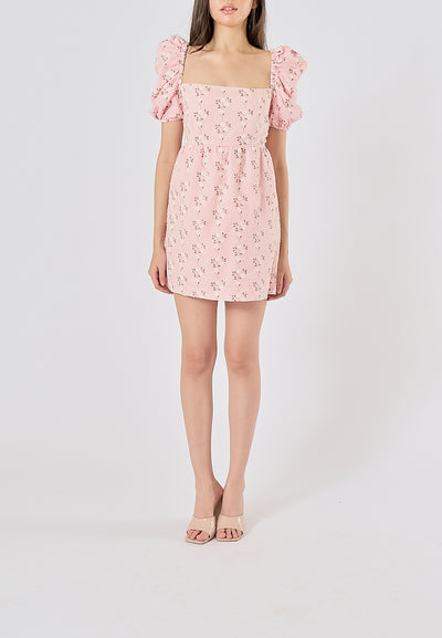 Araceli Pink Floral Print Puff Sleeves Mini Dress