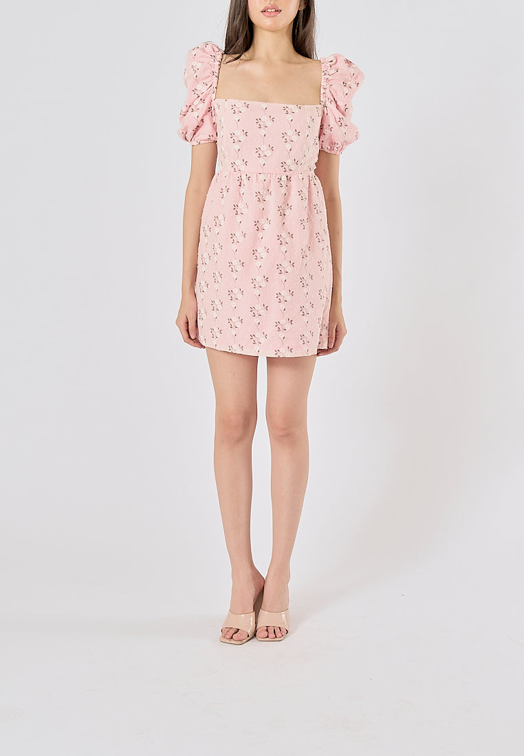 Araceli Pink Floral Print Puff Sleeves Mini Dress