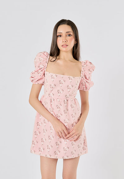 Araceli Pink Floral Print Puff Sleeves Mini Dress