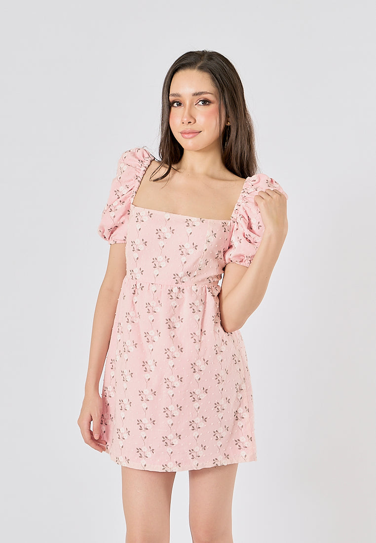 Araceli Pink Floral Print Puff Sleeves Mini Dress