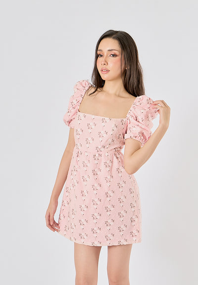 Araceli Pink Floral Print Puff Sleeves Mini Dress