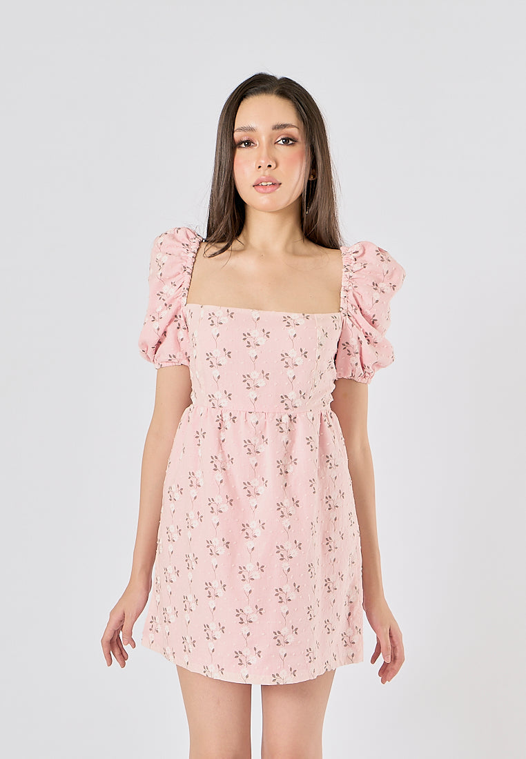 Araceli Pink Floral Print Puff Sleeves Mini Dress