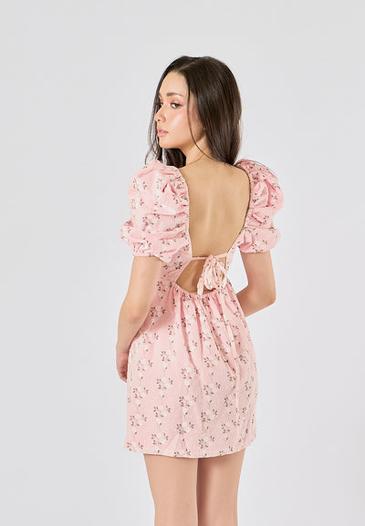 Araceli Pink Floral Print Puff Sleeves Mini Dress