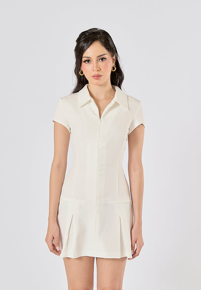 Nadira White Turn Down Collar Short Sleeve Mini Dress