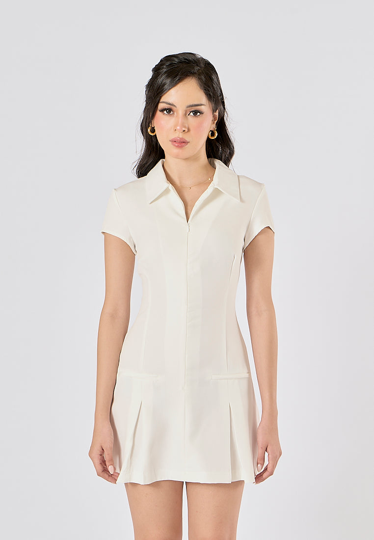 Nadira White Turn Down Collar Short Sleeve Mini Dress