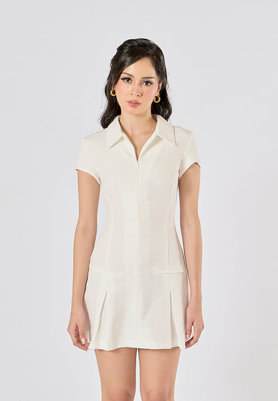 Nadira White Turn Down Collar Short Sleeve Mini Dress