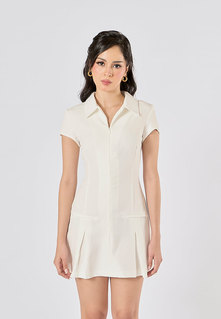 Nadira White Turn Down Collar Short Sleeve Mini Dress