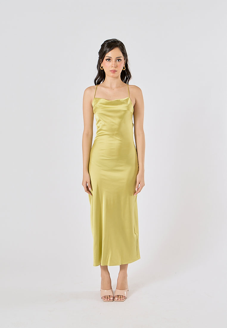 Andra Lime Green Cowl Neck Sleeveless Sexy Crisscross Back Midi Dress