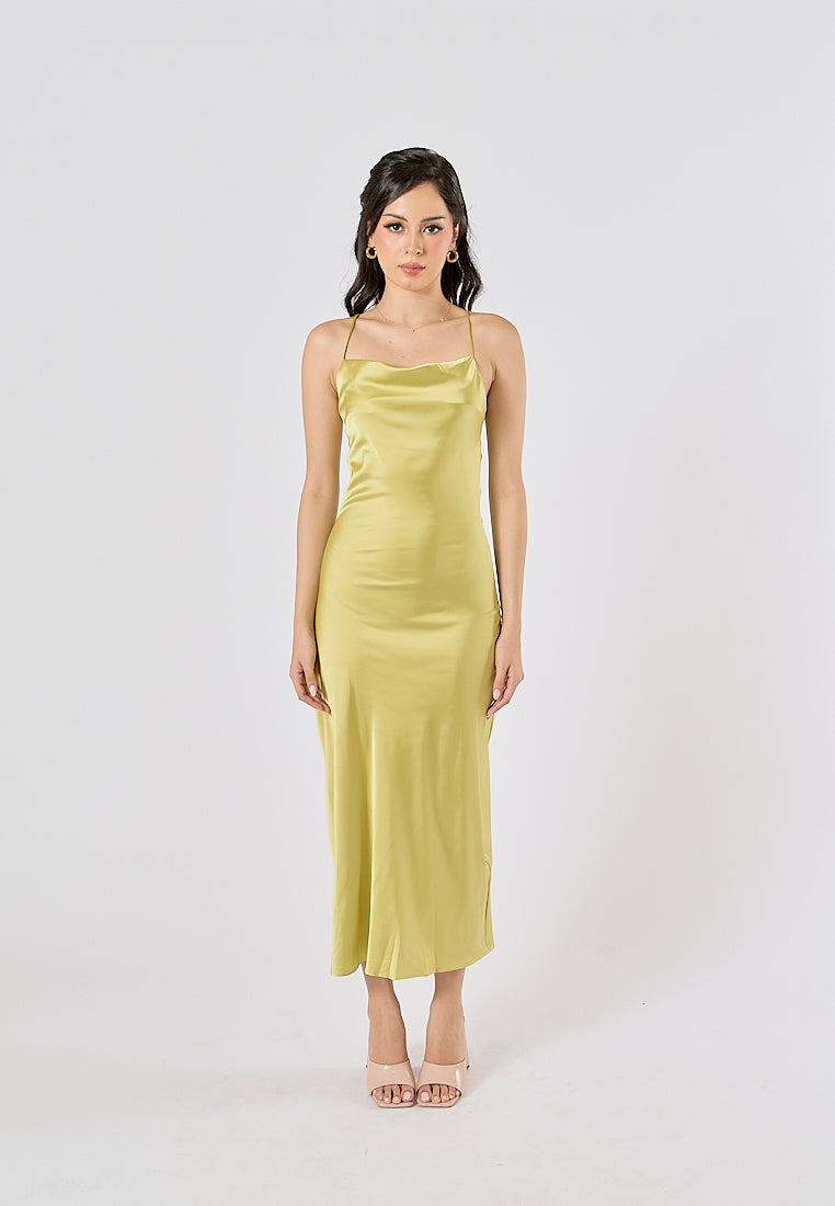 Andra Lime Green Cowl Neck Sleeveless Sexy Crisscross Back Midi Dress