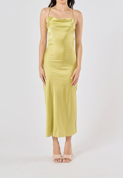 Andra Lime Green Cowl Neck Sleeveless Sexy Crisscross Back Midi Dress