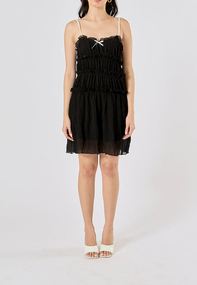 Zandra Black Smocked Pleated Mini Dress