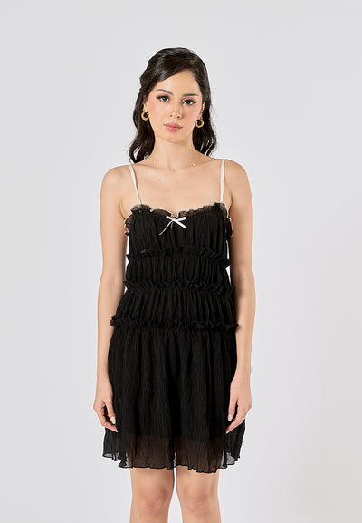 Zandra Black Smocked Pleated Mini Dress