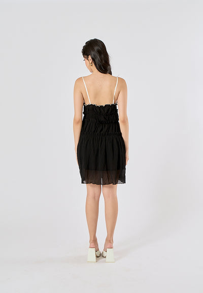 Zandra Black Smocked Pleated Mini Dress