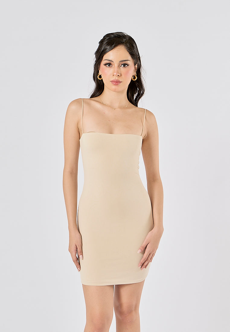 Silena Beige Seamless Sleeveless Spaghetti Strap Mini Dress