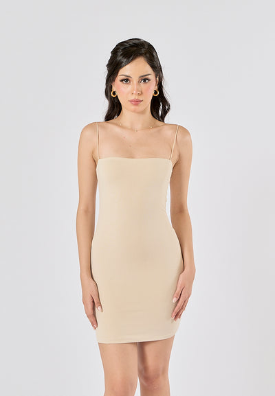 Silena Beige Seamless Sleeveless Spaghetti Strap Mini Dress