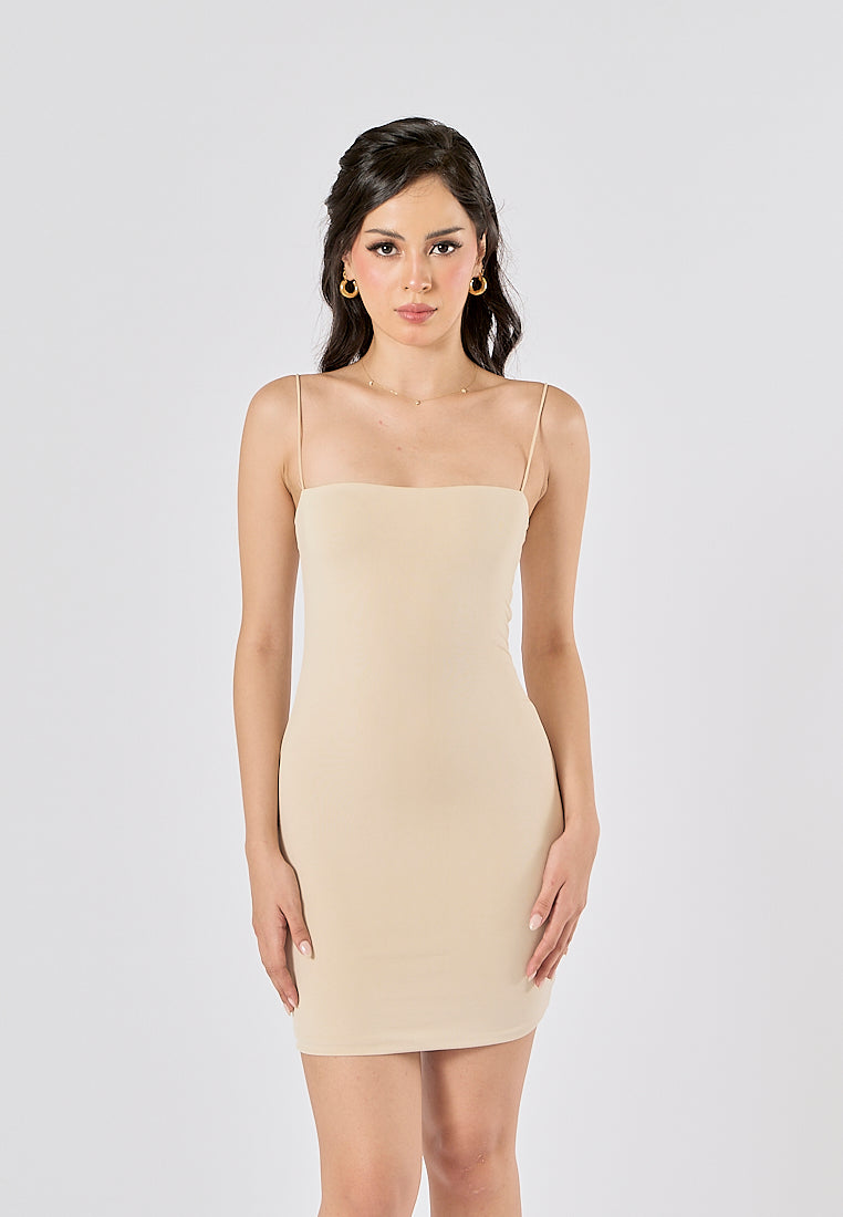 Silena Beige Seamless Sleeveless Spaghetti Strap Mini Dress